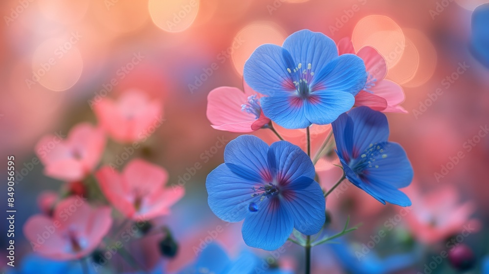 close up pink blue wildflower whimsical garden outdoor scenery with bokeh light, spring or summer beauty nature background happy cheerful atmosphere close up pink blue wildflower whimsical garden outdoor scenery with bokeh light, spring or summer beauty nature background happy cheerful atmosphere