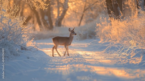 Deer standing in a snowy winter forest photo