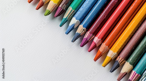 Colorful crayons in close up on a white backdrop