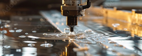 High-precision water jet cutter in operation, cutting through metal with powerful streams of water.