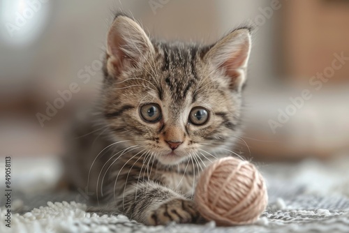 Wallpaper Mural Baby Kitten: A tiny kitten with big eyes, playing with a ball of yarn indoors.  Torontodigital.ca