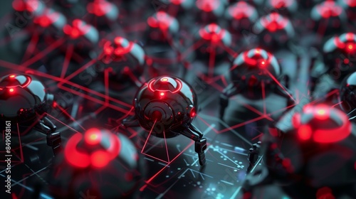 Network connected black red spheres botnet cyber security, privacy data
