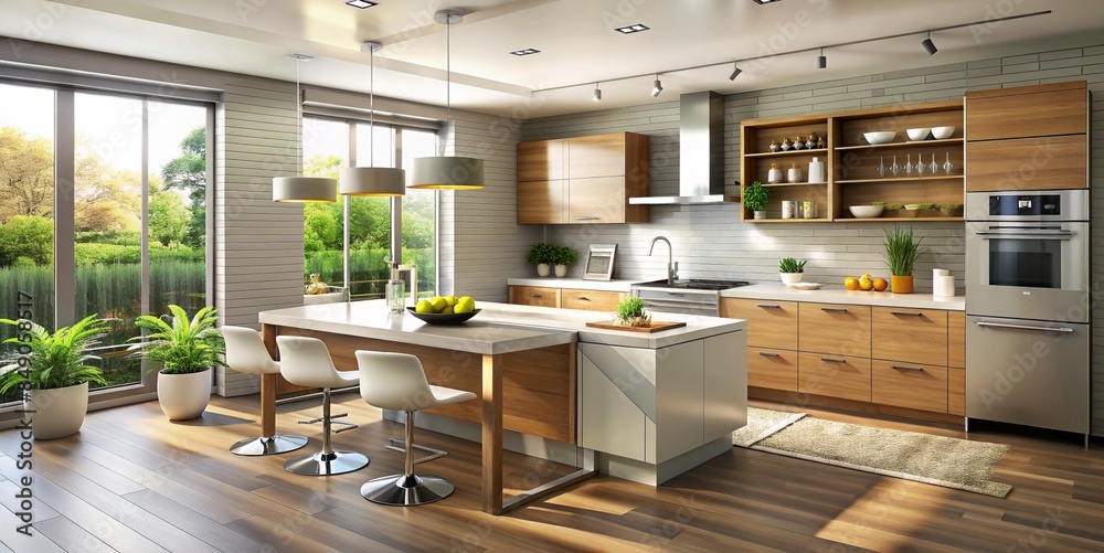 Modern Kitchen with Large Windows and Wood Accents Modern Kitchen with Large Windows and Wood Accents