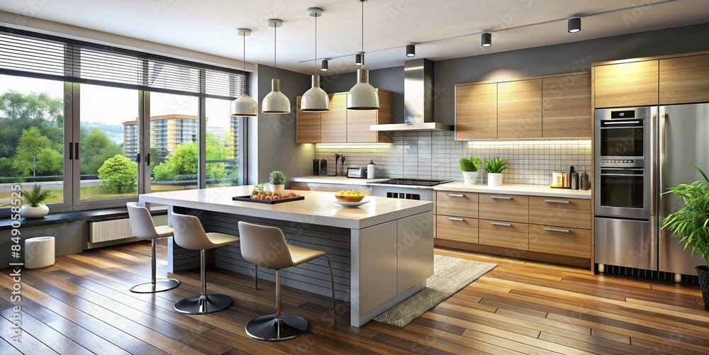 Modern Kitchen with Large Windows and Wood Accents Modern Kitchen with Large Windows and Wood Accents