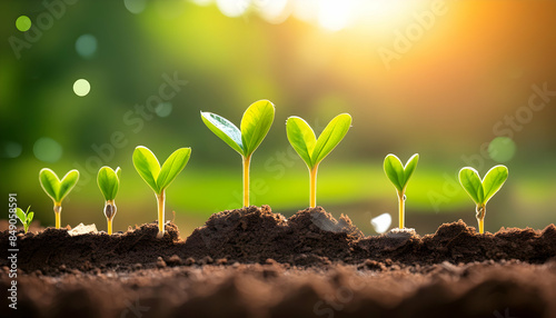 delicate seedlings emerging from rich, Row of green seedlings growing itray, possibly a greenhouse seedlings sprouting in a nursery tray, Seedlings with diverse shapes and sizes  shallow background 