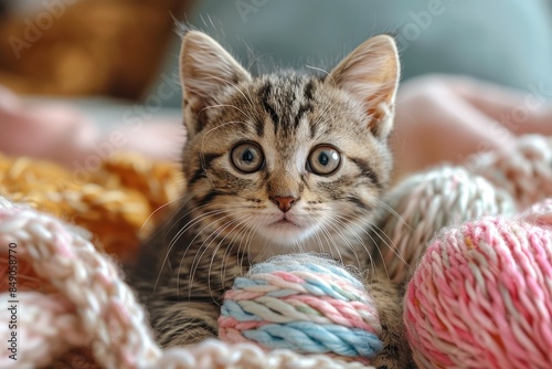 Baby Kitten: A tiny kitten with big eyes, playing with a ball of yarn indoors. 