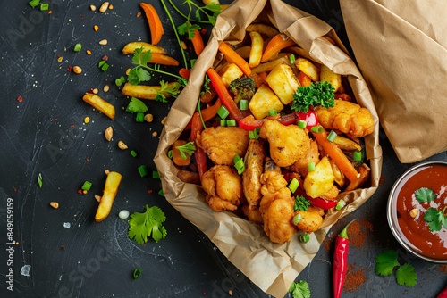 Irish spice bag take away food with potato fries, fried chicken, vegetables and tomato sauce.
