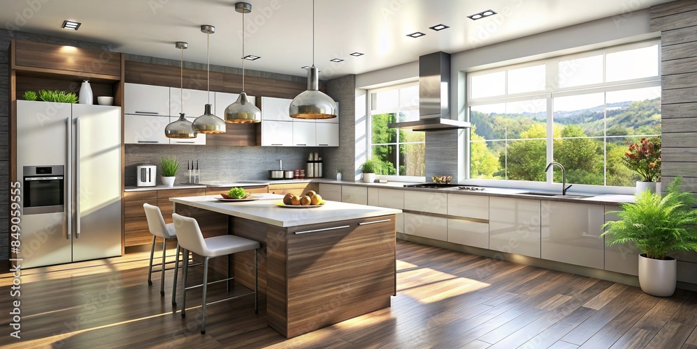 Modern Kitchen with Large Windows and Wood Accents