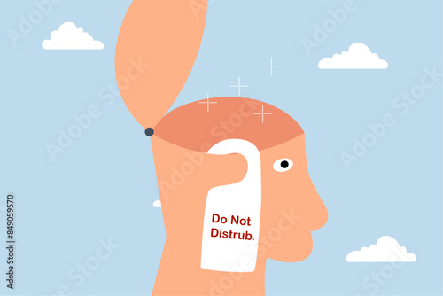 do not disturb in thinking, When you think of a business solution, human head is open with label Do not disturb.