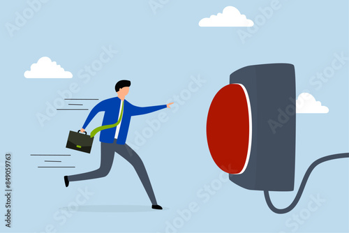 Push button call for emergency help, cautious businessman rushing to press the red emergency button.