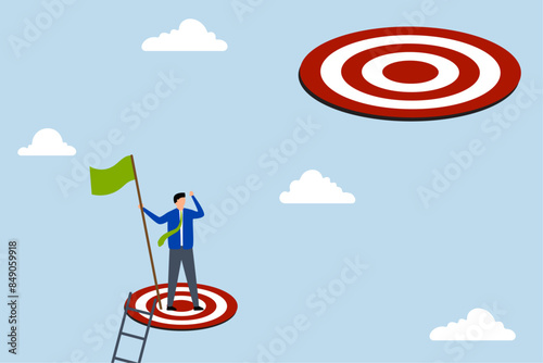 Challenge higher target, businessman climbing ladder, reaching goal and looking for next higher rung.