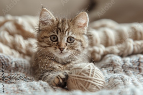 Baby Kitten: A tiny kitten with big eyes, playing with a ball of yarn indoors. 