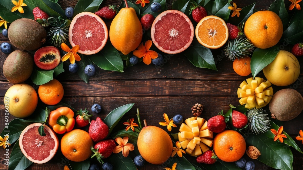 A vibrant mix of fruits including grapefruit and berries on a wooden table, invoking a healthy and fresh lifestyle A vibrant mix of fruits including grapefruit and berries on a wooden table, invoking a healthy and fresh lifestyle