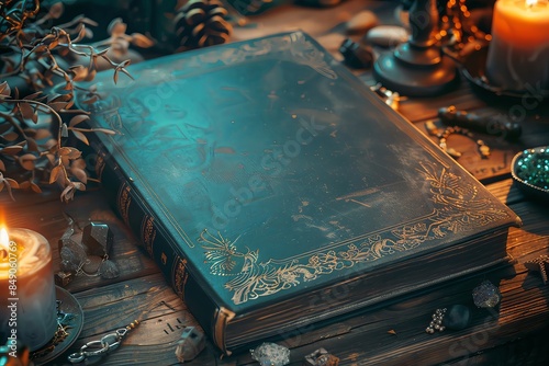 Vintage leather-bound book surrounded by candles and rustic decor on a wooden table, evoking a mystical and enchanting atmosphere. © Jenjira