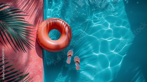 Overhead view of a swimming pool with a coral inflatable ring and flip-flops on the side