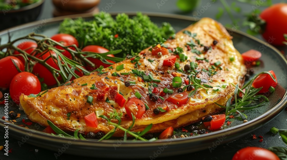 A vibrant omelette is filled with sprinklings of green herbs, cherry tomatoes, and a touch of seasoning on a sleek black plate A vibrant omelette is filled with sprinklings of green herbs, cherry tomatoes, and a touch of seasoning on a sleek black plate