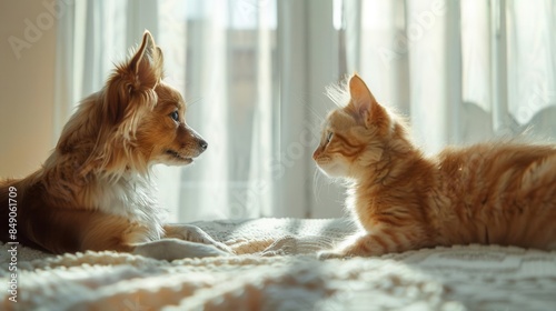 A small dog and a kitten look at each other on a bed in front of a window.