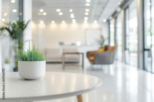 A white table with a potted plant in a modern, minimalist office or lobby.