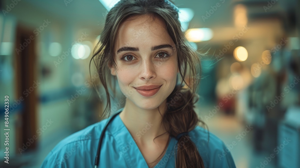 Portrait of a female doctor in a blue medical suit with a stethoscope in a hospital corridor. 