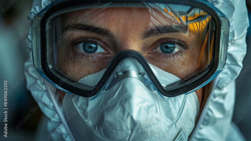 Portrait of a doctor in a blue medical suit with protective equipment Portrait of a doctor in a blue medical suit with protective equipment