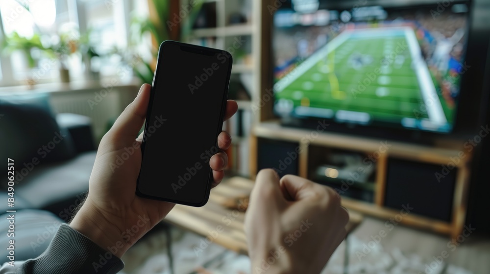 Enthusiastic Fan Watching American Football Game on TV While Checking Scores on Smartphone in Cozy Living Room Enthusiastic Fan Watching American Football Game on TV While Checking Scores on Smartphone in Cozy Living Room