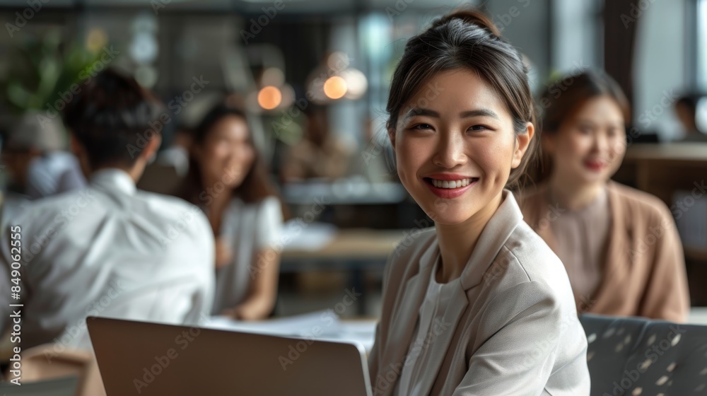 smiling Young Asian woman using laptop working