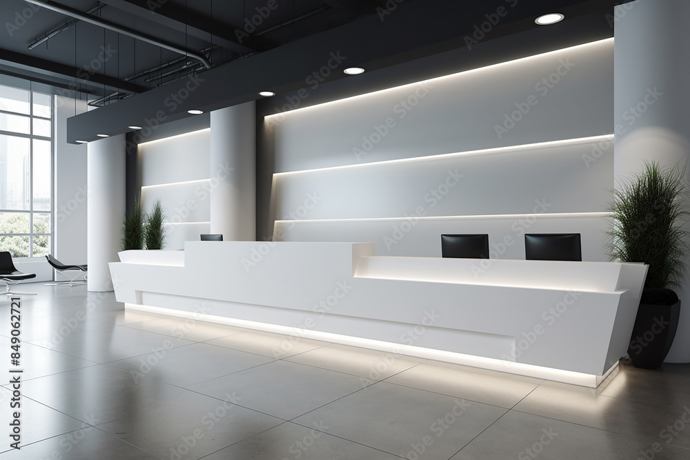 Hotel reception area interior with reception desk Hotel reception area interior with reception desk