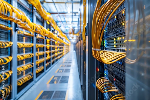 Modern data center with rows of server racks and numerous yellow cables, showcasing advanced networking infrastructure and technology.