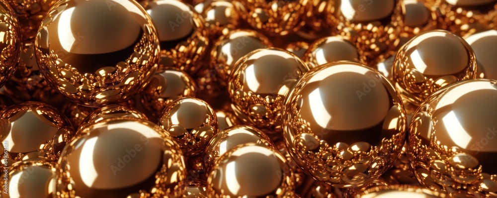 Numerous reflective golden spheres closely packed together, creating an abstract, luxurious background with a metallic sheen. Numerous reflective golden spheres closely packed together, creating an abstract, luxurious background with a metallic sheen.