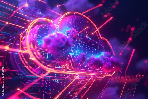 Futuristic cloud computing concept with neon lights, digital data flow, and vibrant colors representing the digital transformation. © Jenjira