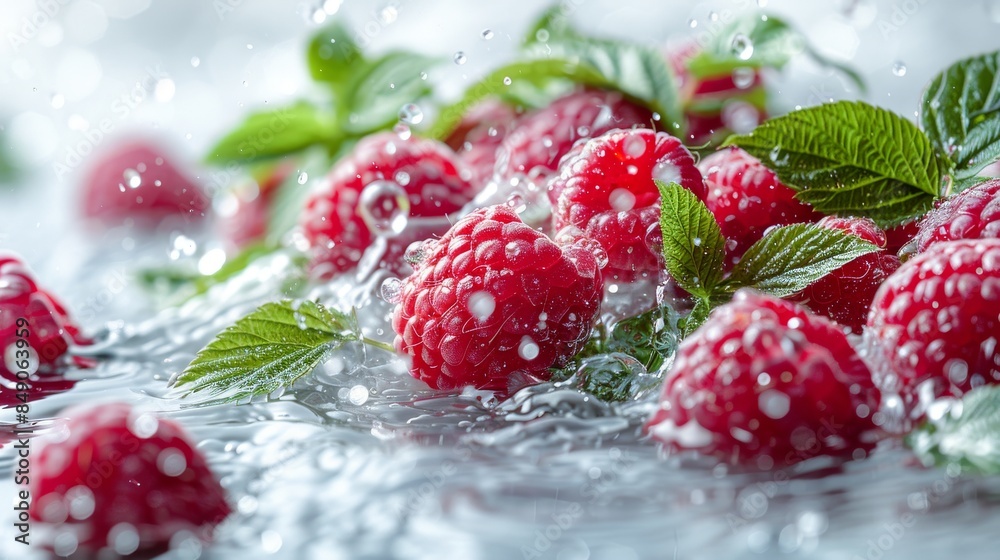 Macro shot of fresh, ripe raspberries with bright green leaves, water splashes add a dynamic and refreshing feeling Macro shot of fresh, ripe raspberries with bright green leaves, water splashes add a dynamic and refreshing feeling