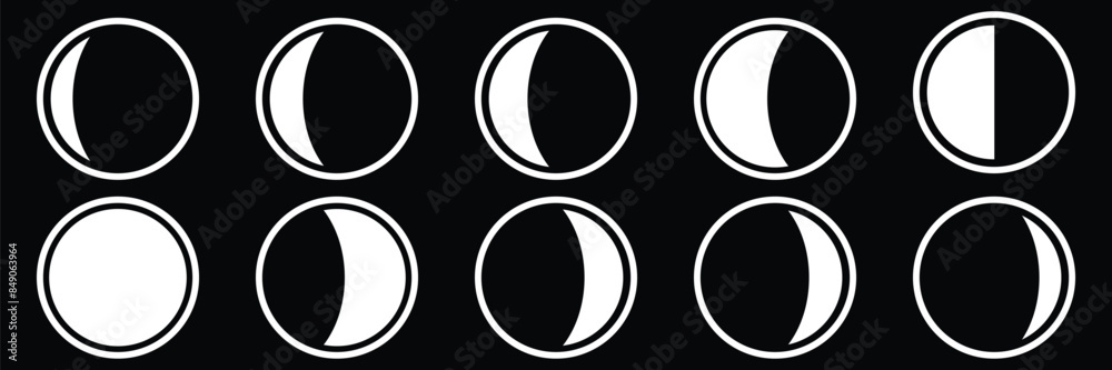 Moon crescent half moon icon set. Different shapes of moon with black background. Vector Illustration. Moon crescent half moon icon set. Different shapes of moon with black background. Vector Illustration.