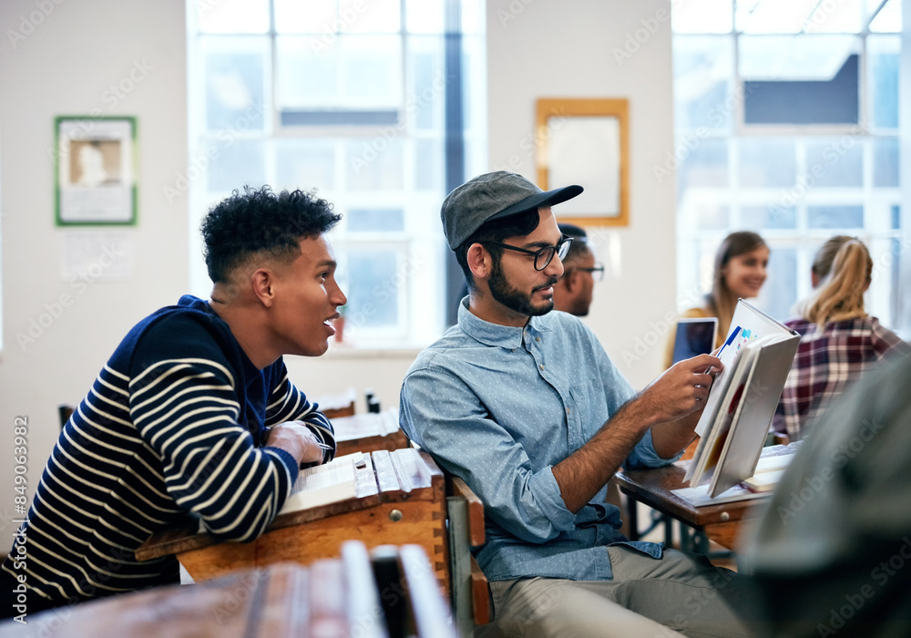 Students, learning and notebook for university as group in college or school in class for assignment. Teamwork, people and collaboration with reading notes for exam, project or tutorial for science