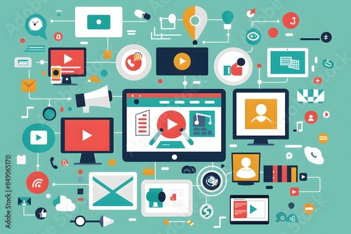 Illustration of Businesses are optimizing customer journeys across multiple channels, including videos, images, FAQs, news, and webinars. Ai Generate.