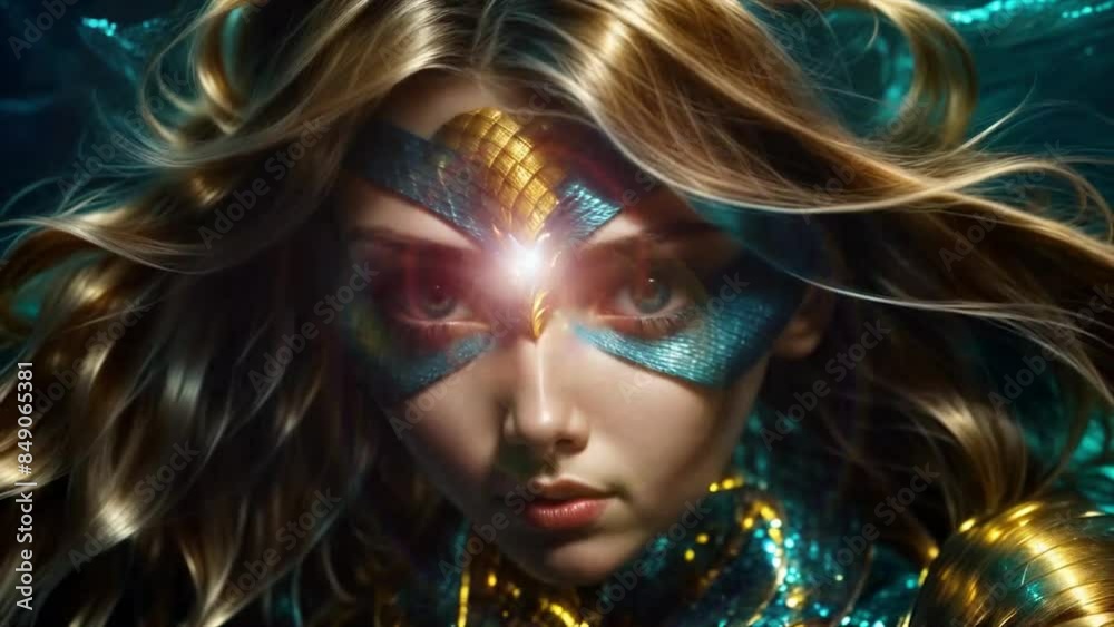 Digital artwork of female character mermaid with golden and blue scales, her hair blowing in water and eyes glowing blue, fairytale action movement of magical transformation of woman into reptile fish