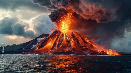 A volcano erupts with lava spewing out of it photo
