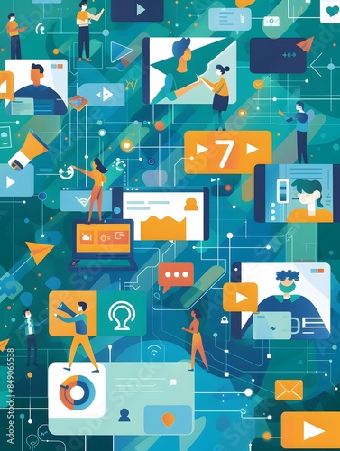 Illustration of Businesses are optimizing customer journeys across multiple channels, including videos, images, FAQs, news, and webinars. Ai Generate.