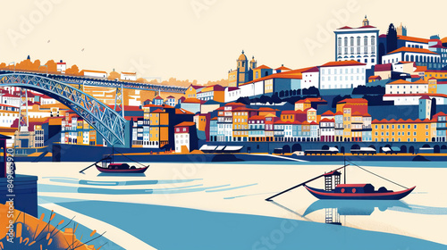 Risograph print travel poster, card, wallpaper or banner illustration, modern, isolated, clear and simple of Porto Portugal. Artistic, stylistic, screen printing, stencil digital duplication