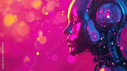 Futuristic robot head close-up with bokeh