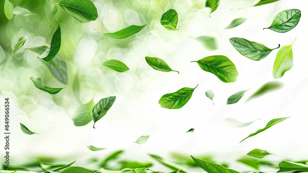 Green leaves flying in the air on white background. Green leaves flying in the air on white background.