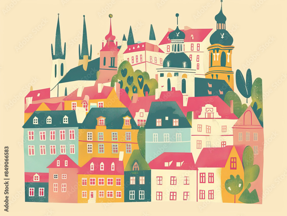 Risograph print travel poster, card, wallpaper or banner illustration, modern, isolated, clear and simple of Prague. Artistic, stylistic, screen printing, stencil digital duplication