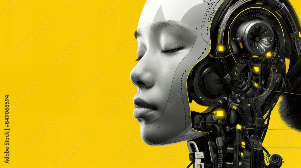 Detailed view of robotic head on yellow Detailed view of robotic head on yellow