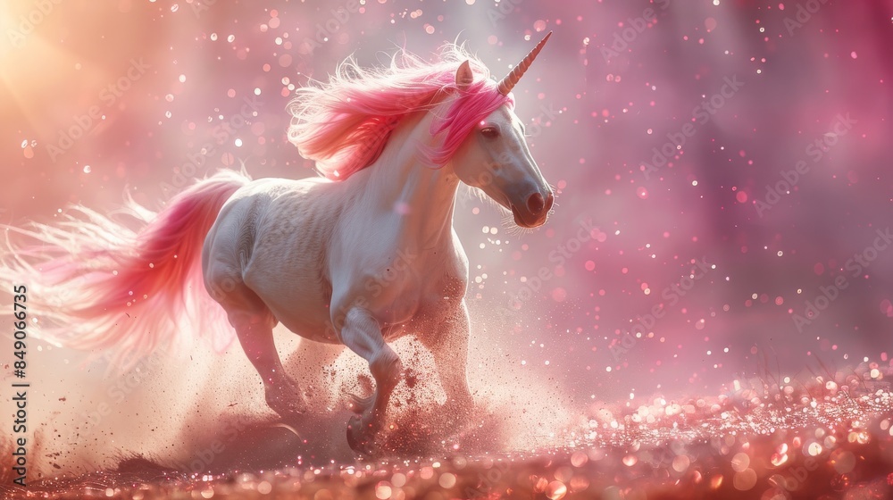A striking unicorn charges ahead with a vibrant pink mane amidst a shower of sparkling dust and sunbeams A striking unicorn charges ahead with a vibrant pink mane amidst a shower of sparkling dust and sunbeams