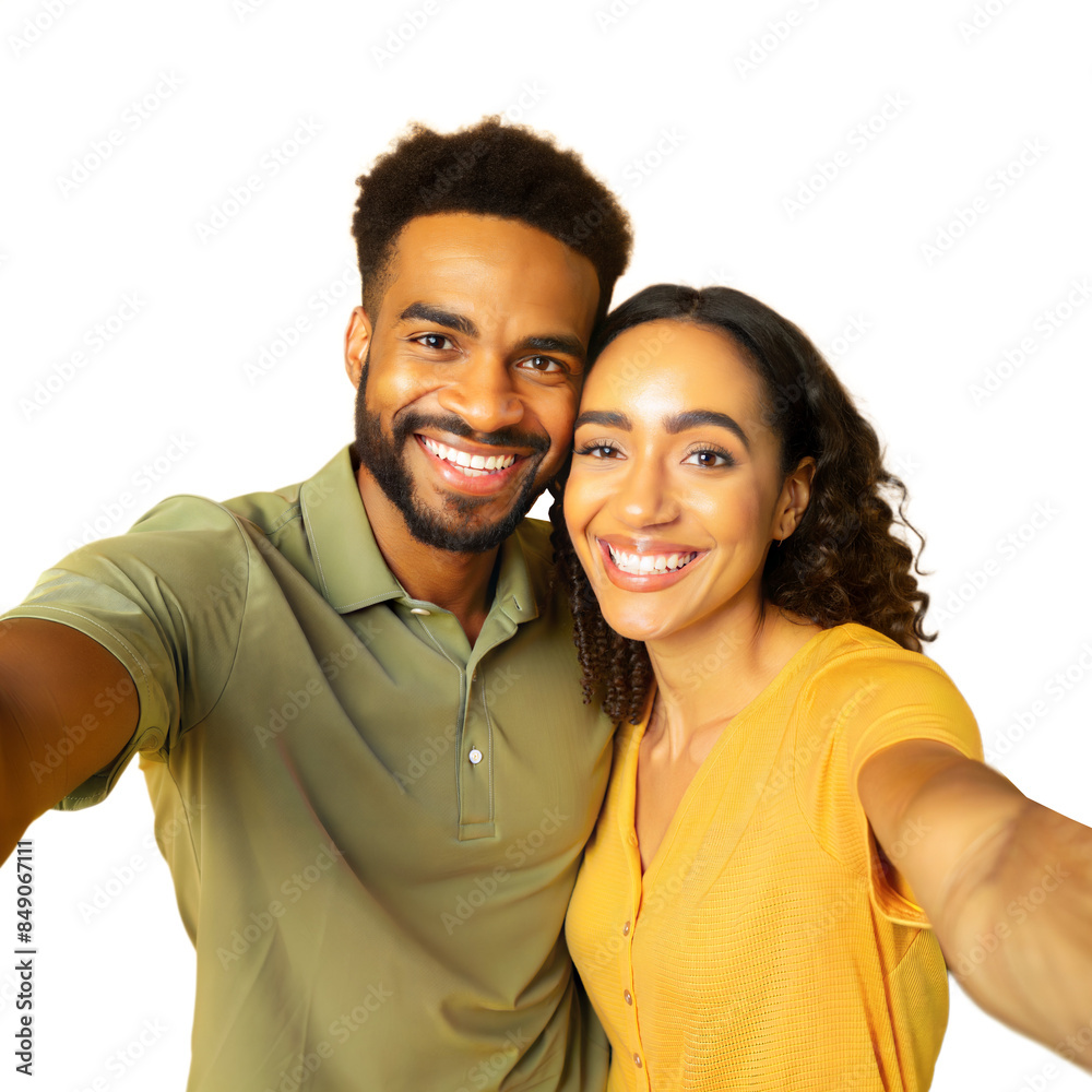 Happy couple taking a cheerful selfie on a transparent background Happy couple taking a cheerful selfie on a transparent background