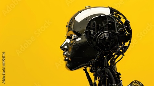 Reflective robotic head on yellow