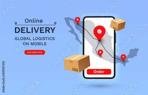 Online Delivery global logistics on mobile, delivery within the Mexico. Vector illustration