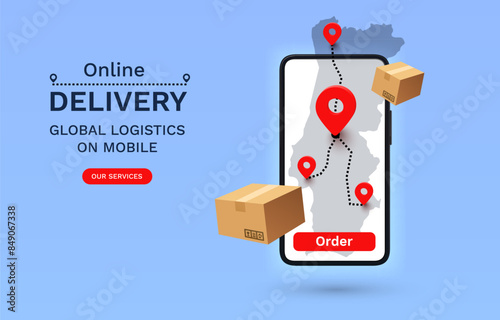 Online Delivery global logistics on mobile, delivery within the Portugal. Vector illustration