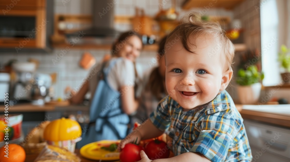 Fototapeta premium A Caucasian family spends their free time together indoors. Happy family activities little child playing with parents Enjoy a fun weekend with dad in the kitchen at home.