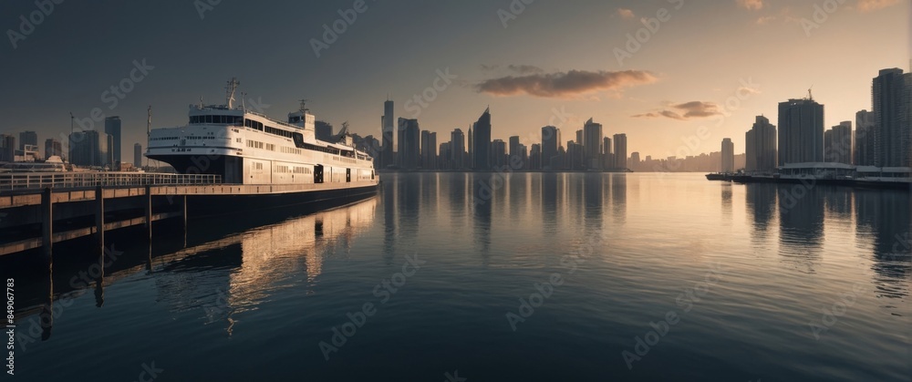 Rendering of a ferry approaching a dock in a port with numerous urban buildings in the background Rendering of a ferry approaching a dock in a port with numerous urban buildings in the background