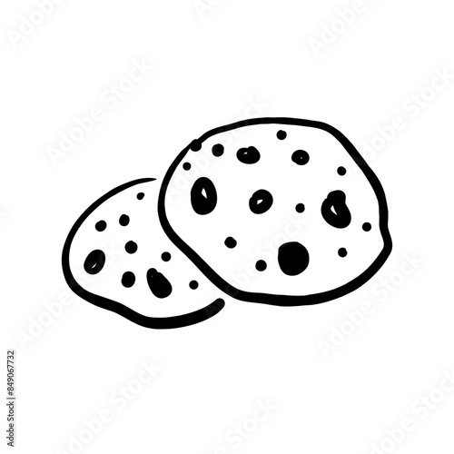 Chocolate chip cookies line sketch. Black line vector hand drawn illustration isolated on white background.